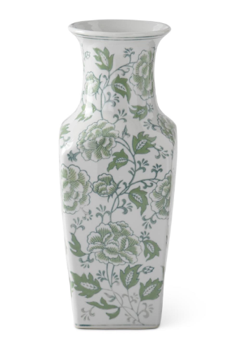 14" Green & White Floral Ceramic Vase