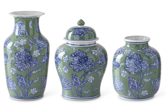 Blue Green & White Floral Ceramic Vase