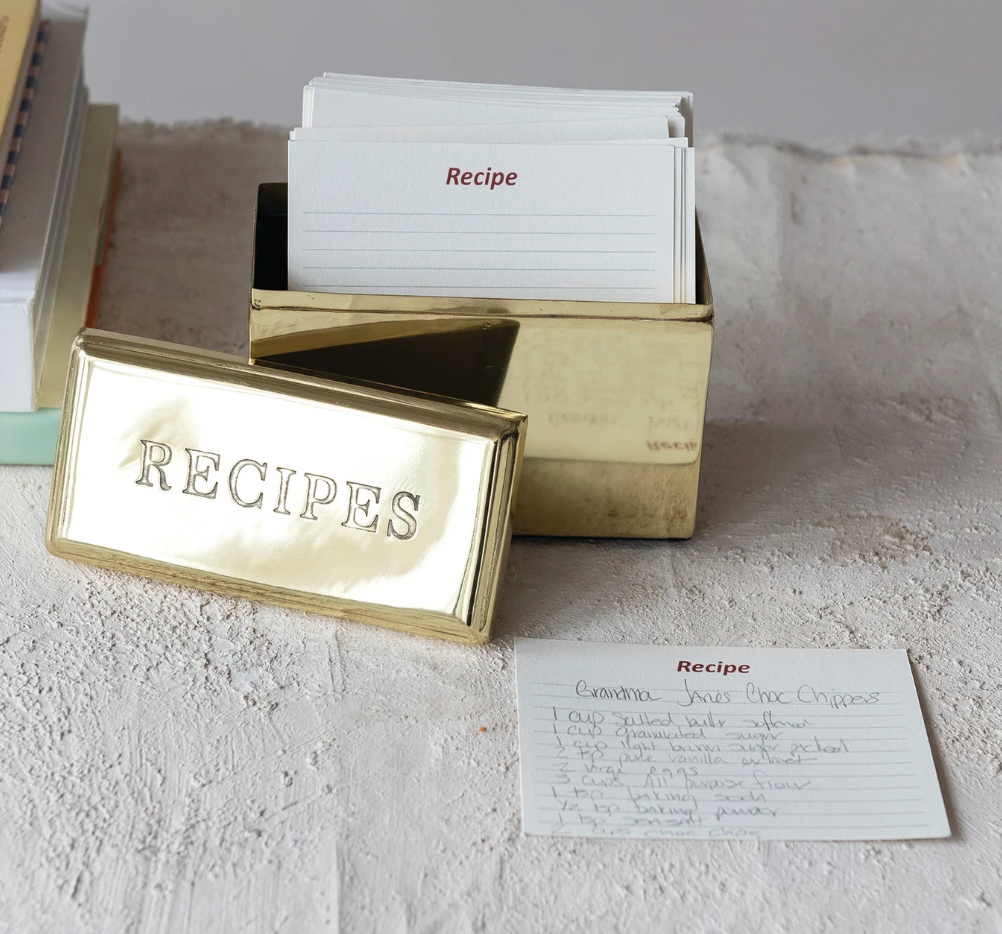 Stainless Steel Recipes Box w/ Cards- Gold