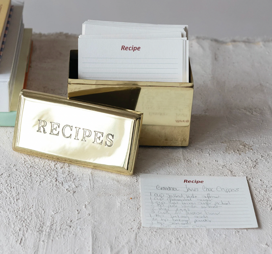 Stainless Steel Recipes Box w/ Cards- Gold