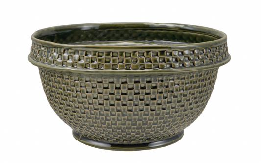 Green Stoneware Basket Weave Bowl